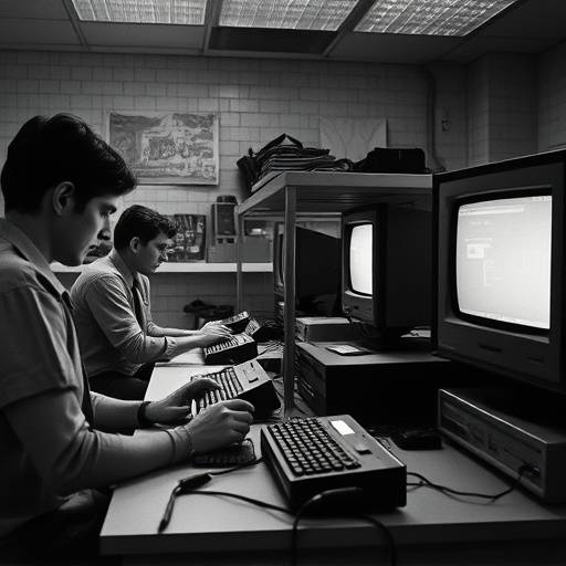 A black and white image representing the early days of video game development, showing a team working on pixel art.