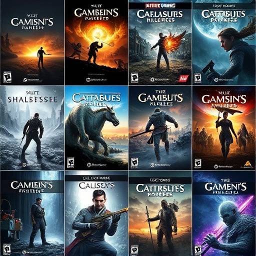 Montage of various AAA game covers showcasing different genres and visual styles, including fantasy, sci-fi, and historical settings.